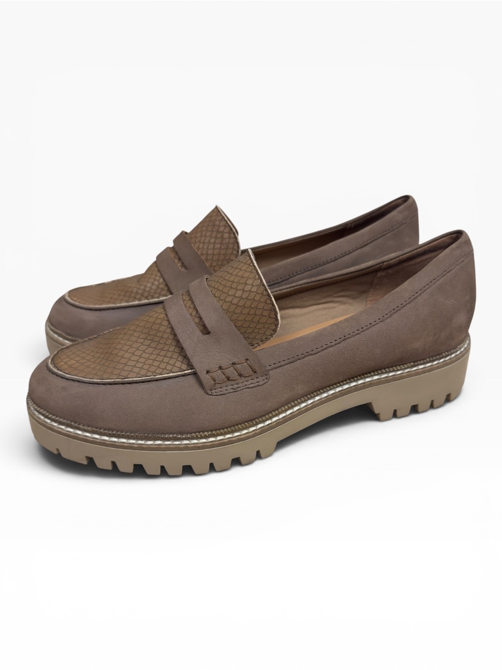 Crevo May Chunky Lug Sole Penny Loafers Taupe Leather Snake Embossed Women’s 9.5